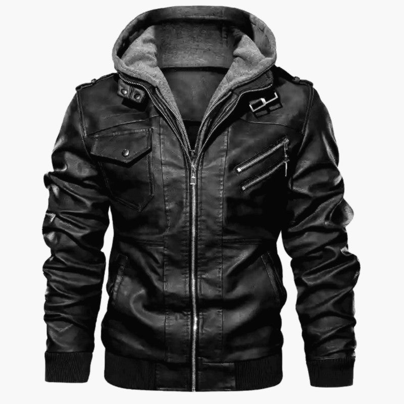 Chaqueta de Cuero Slim con Capucha - Marrón