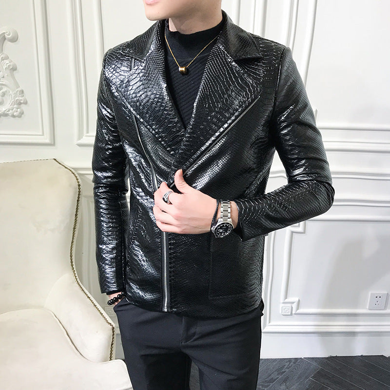 Chaqueta de Cuero Slim Fit con Cremallera Diagonal Negra