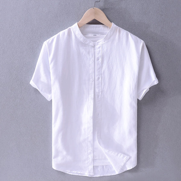 Camisa de Algodón-Lino con Cuello Mao Cove – Blanco