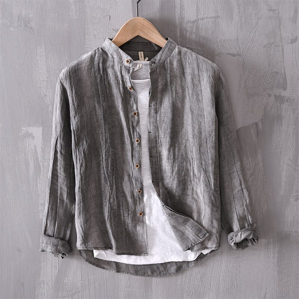 Camisa de Lino con Cuello Mao Cove – Gris
