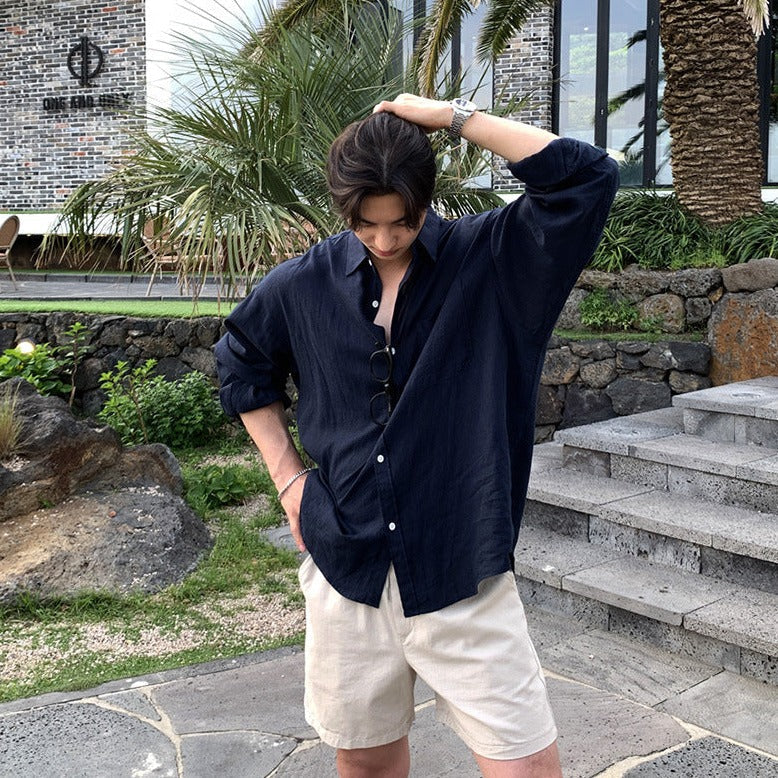 Camisa Exterior de Lino Riviera – Azul Marino