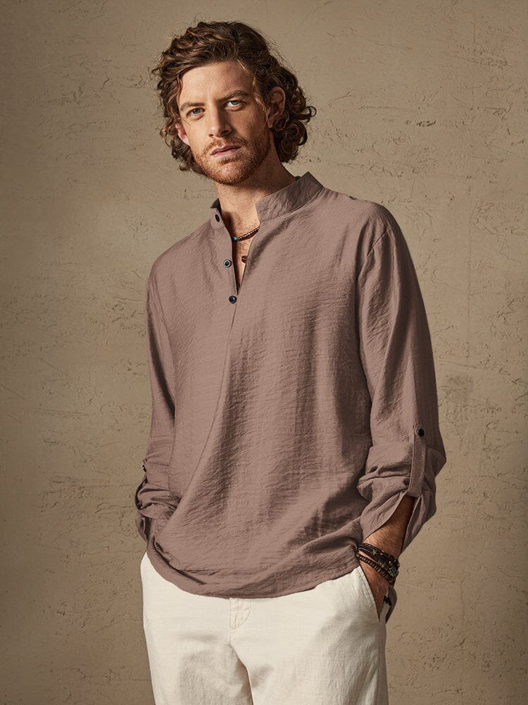 Camisa de Lino con Cuello Mao - Negro