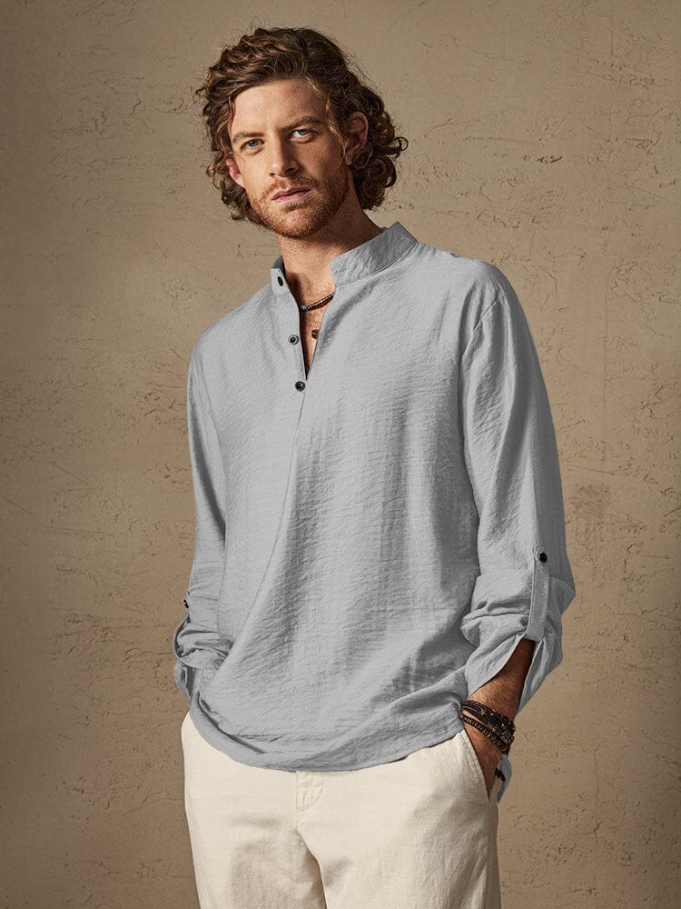 Camisa de Lino con Cuello Mao - Blanco