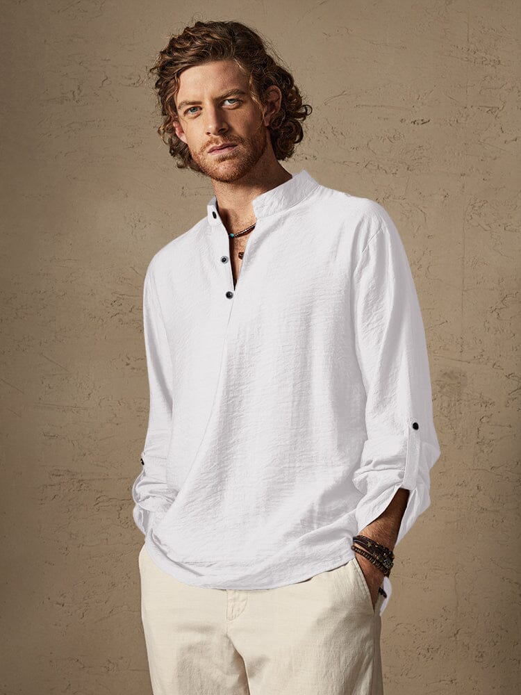 Camisa de Lino con Cuello Mao - Blanco
