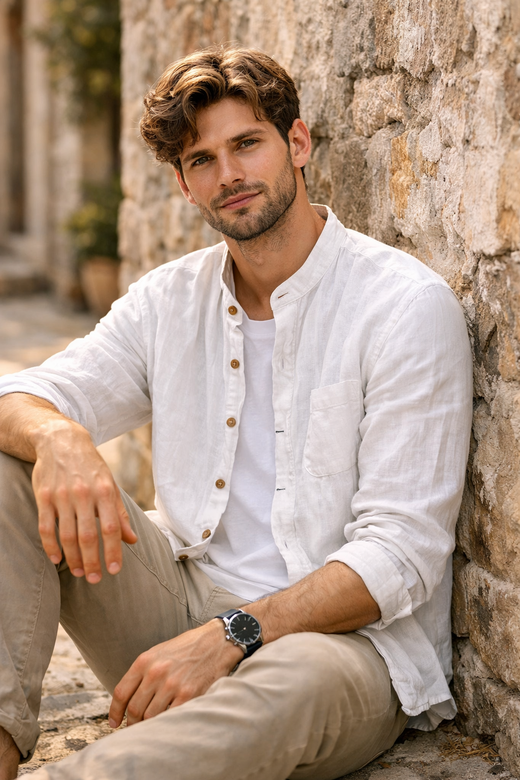 Camisa de Lino con Cuello Mao Cove – Blanco