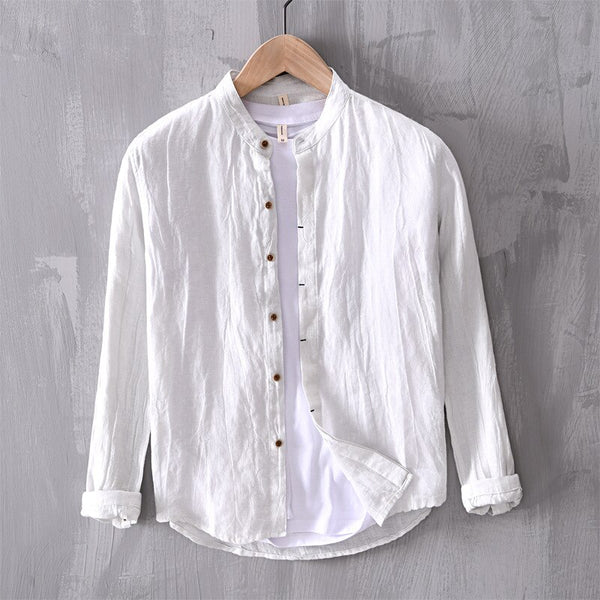 Camisa de Lino con Cuello Mao Cove – Blanco