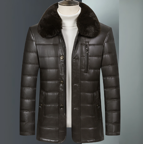 Chaqueta de Cuero Acolchada con Cuello de Piel - Marrón