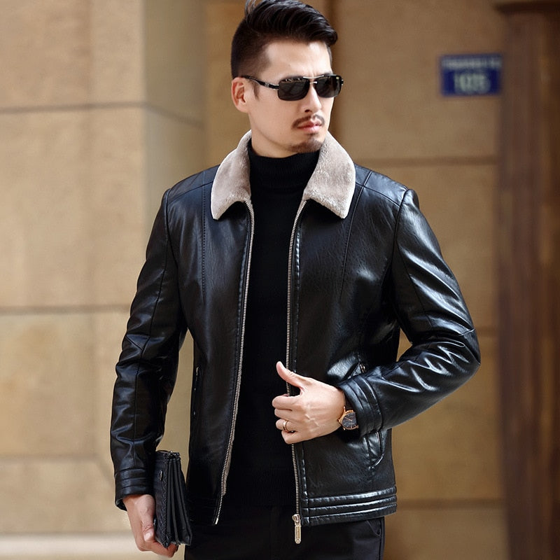 Chaqueta de Cuero con Cuello Forrado - Marrón