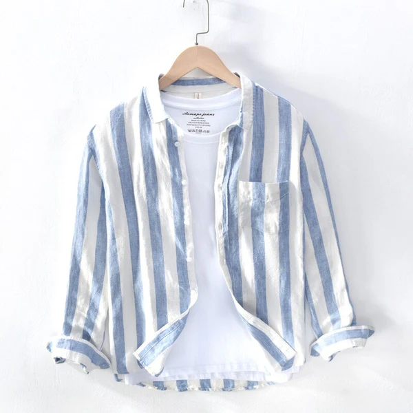 Camisa de Lino Manga Larga con Rayas Harbor – Azul