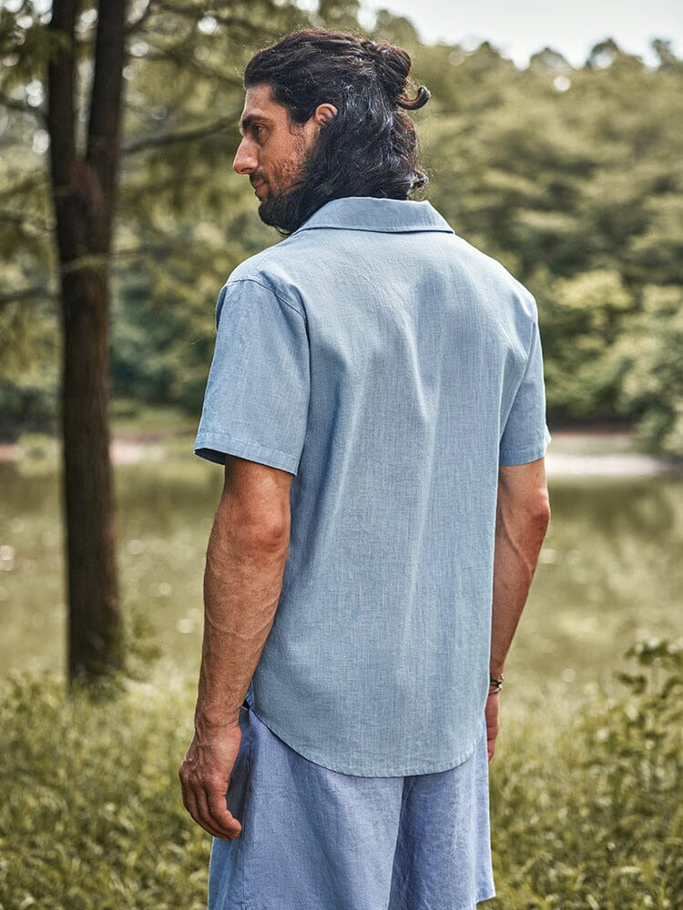 Camisa de Lino con Solapa - Azul