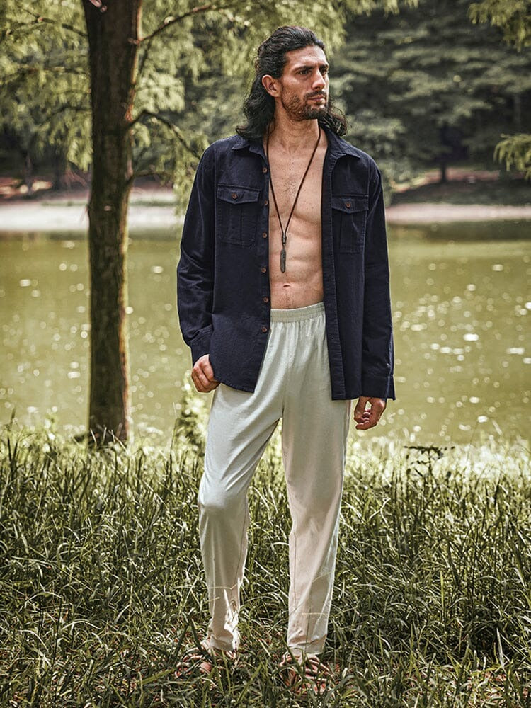 Camisa de Lino con Bolsillos - Azul Marino