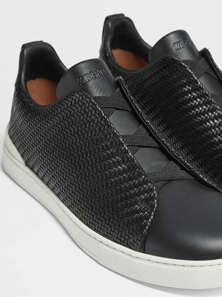Triple Stitch Trenzado Cuero Zapatillas – Negro