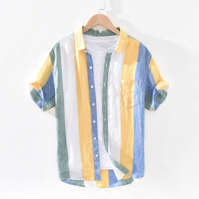 Camisa de Lino Manga Corta con Rayas Sunset – Multicolor
