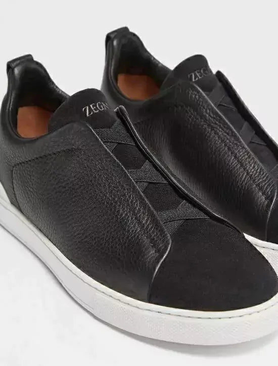 Triple Stitch Negro Cuero Gamuza Zapatillas – Suela blanca
