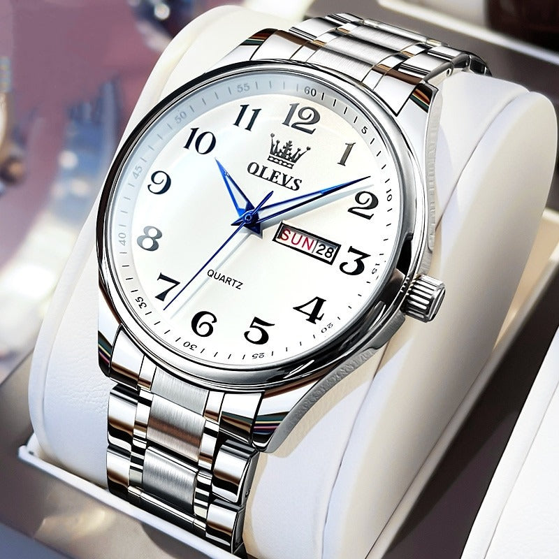Reloj Clásico con Doble Calendario - Blanco/Plata