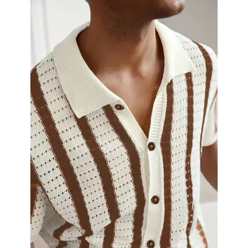 Polo de Punto con Botones Riviera – Rayas Crema/Cacao