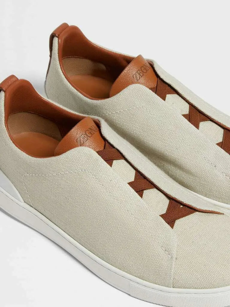 Triple Stitch Lona Cuero Zapatillas – Beige/Marrón