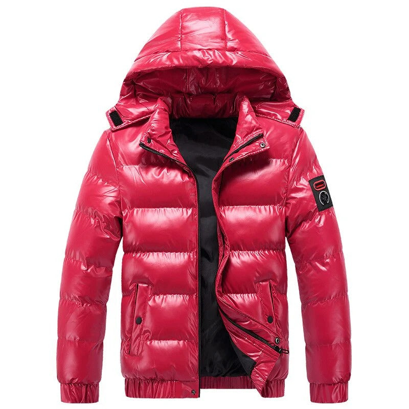 Chamarra Acolchada con Capucha y Acabado Brillante - Rojo