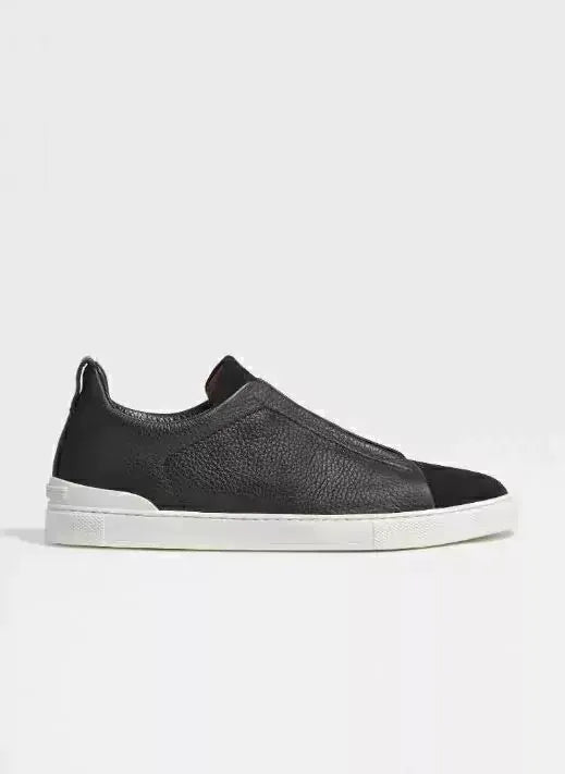 Triple Stitch Negro Cuero Gamuza Zapatillas – Suela blanca