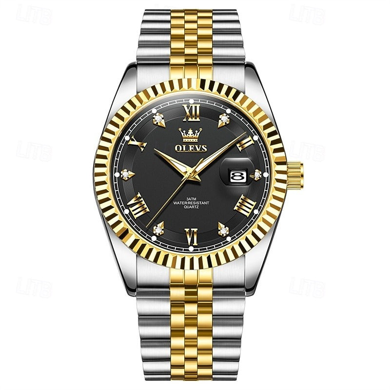 Reloj Estriado con Fecha - Negro/Plata/Dorado