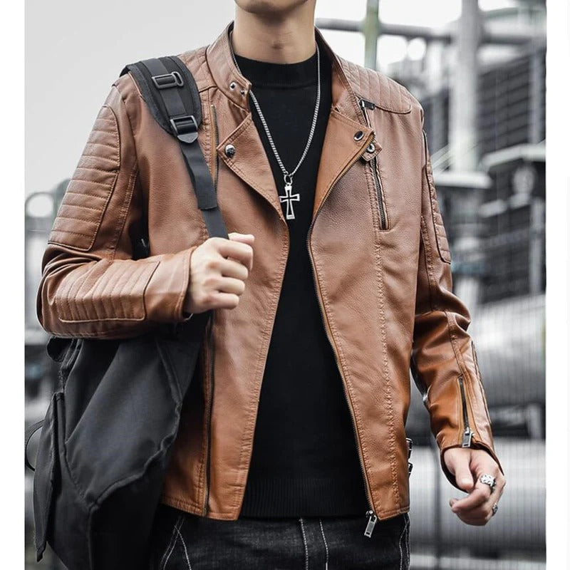 Chamarra de Cuero Sintético con Diseño Biker - Caramelo
