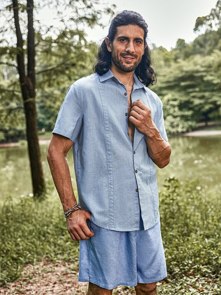 Camisa de Lino con Solapa - Azul