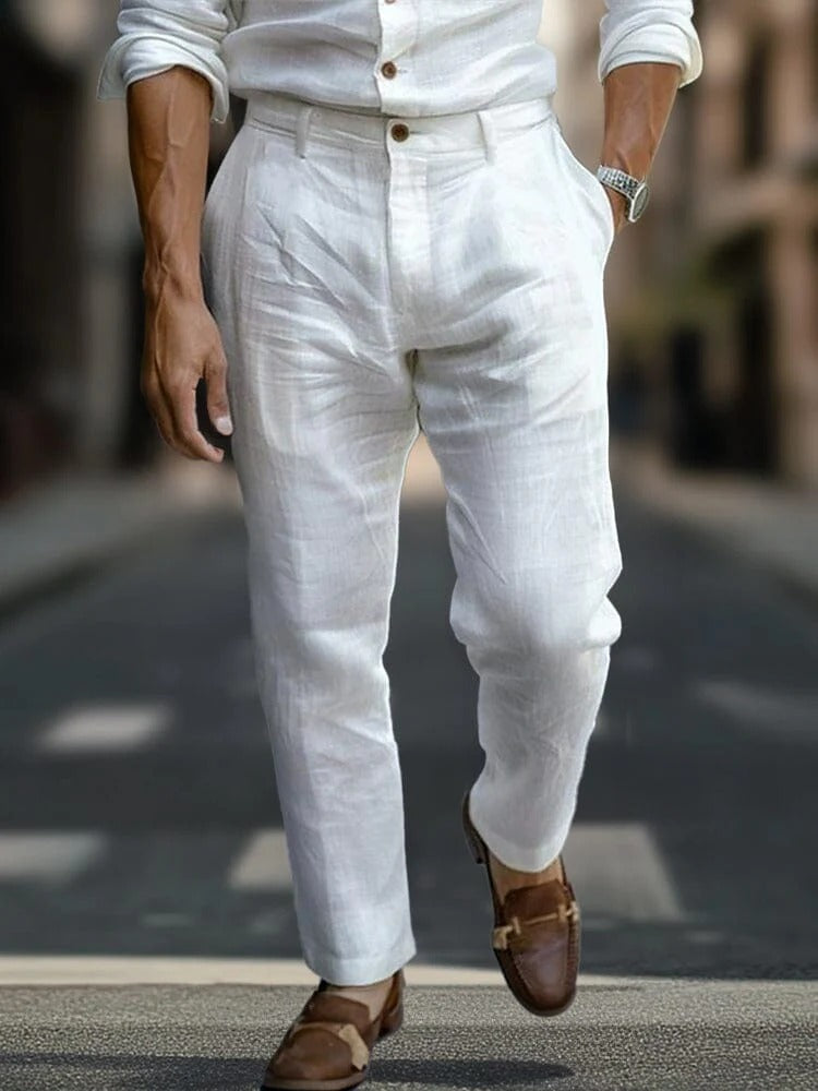 Pantalones de Lino con Bolsillos Inclinados - Caqui