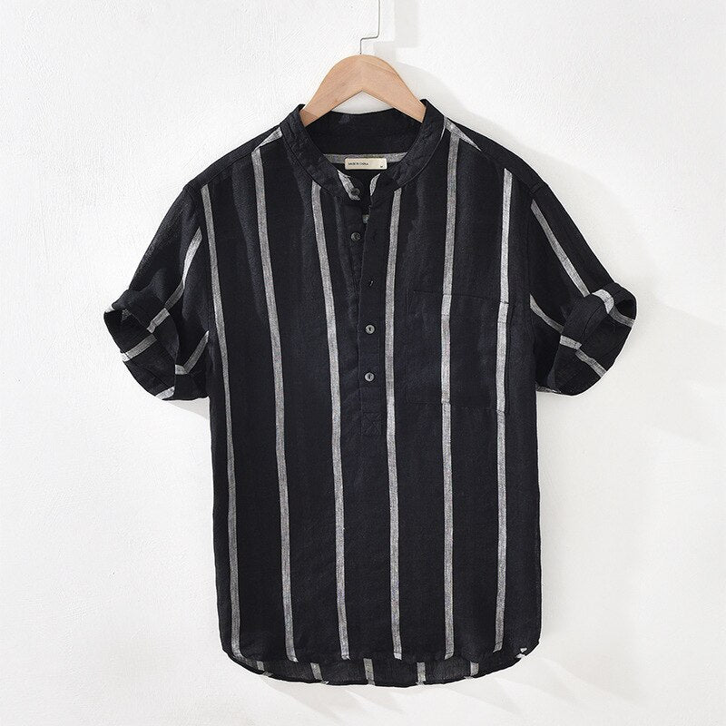 Camisa de Lino con Rayas y Cuello Mao Cove – Negro