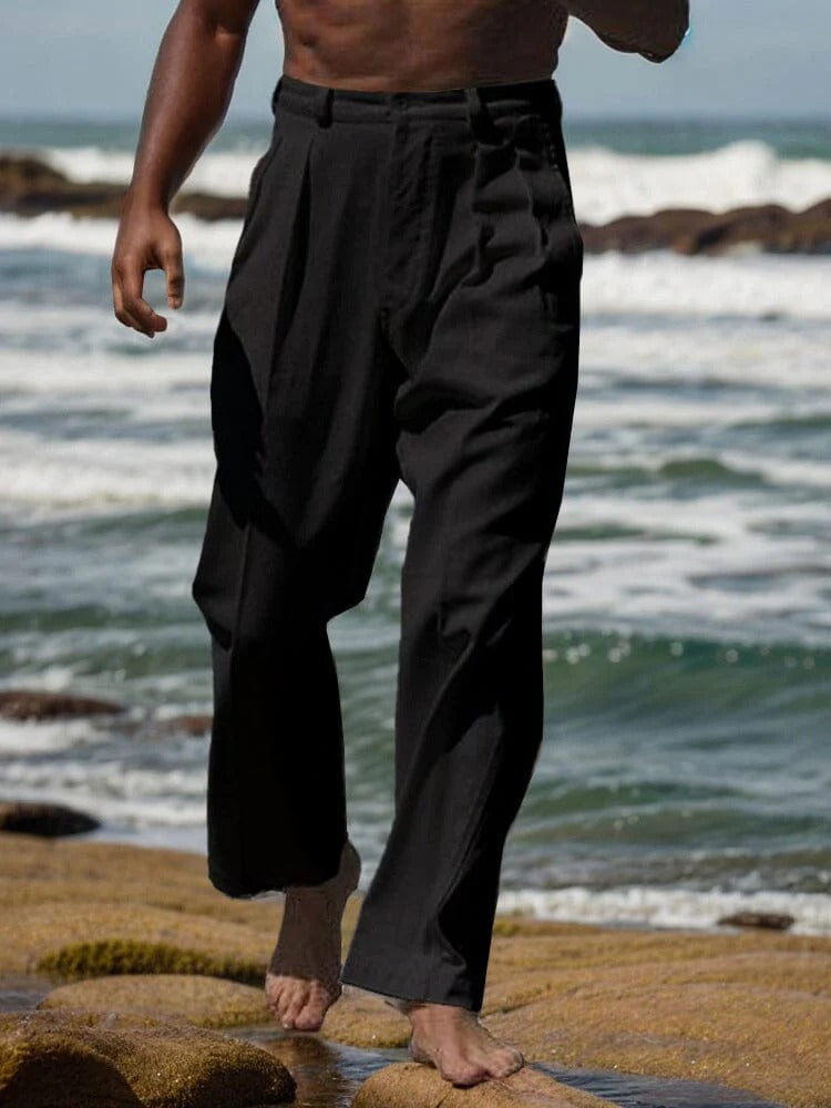Pantalones de Lino con Pliegues - Negro
