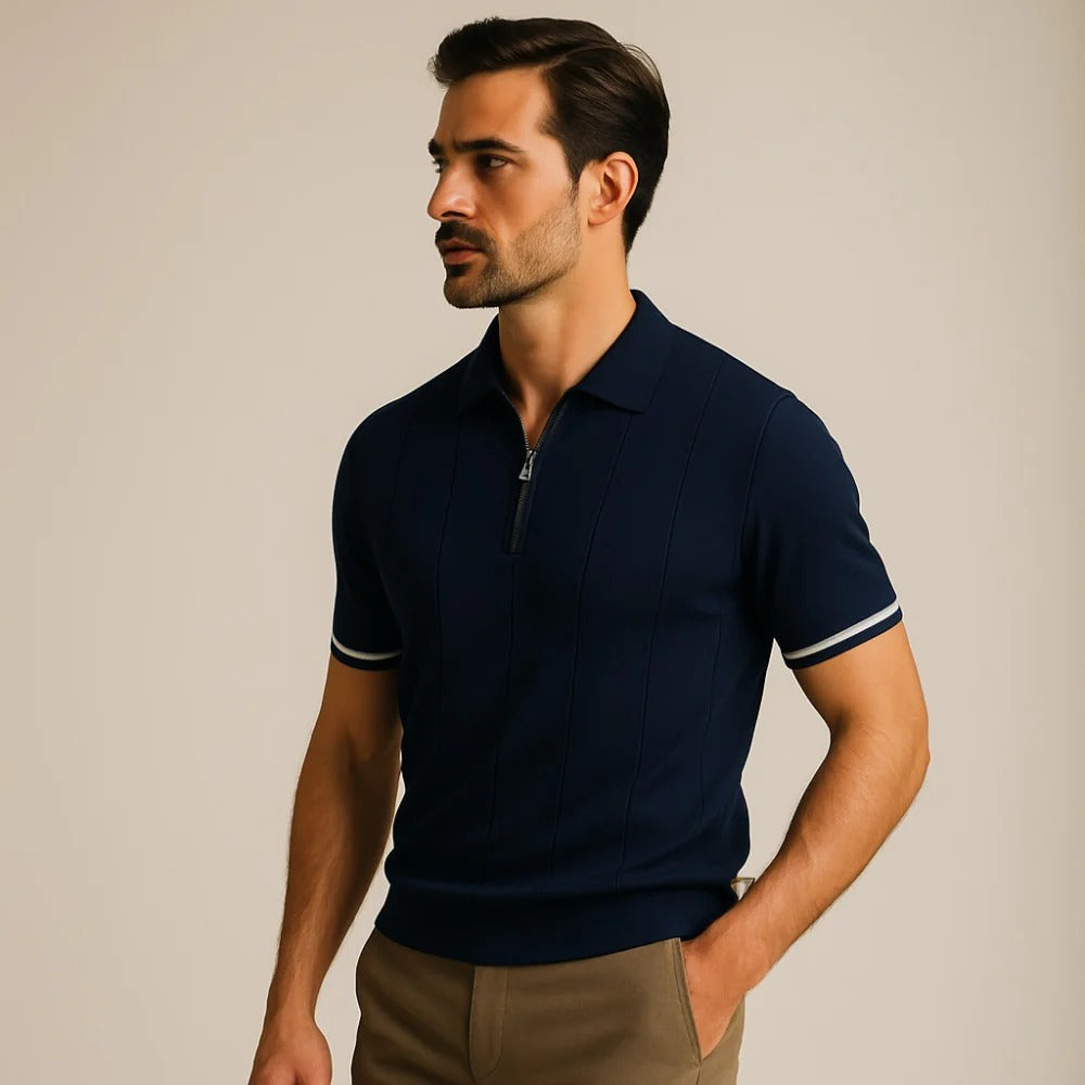 Polo de punto Vittorio con media cremallera - Azul marino
