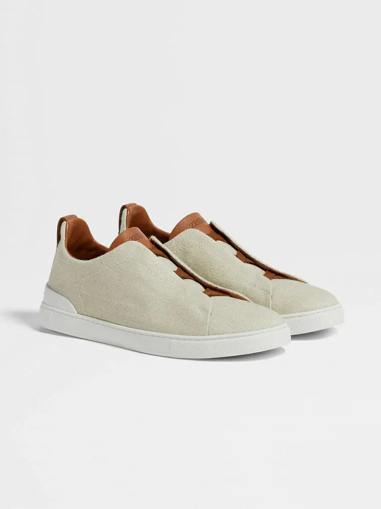 Triple Stitch Lona Cuero Zapatillas – Beige/Marrón