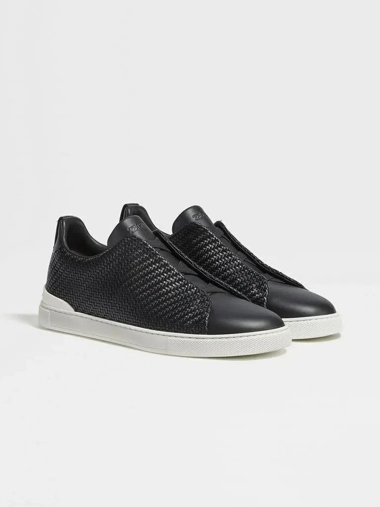 Triple Stitch Woven Cuero Zapatillas – Negro