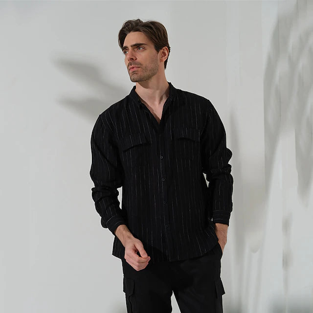 Camisa Linen Stripe Core de Manga Larga - Negro