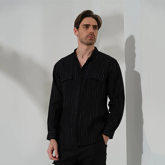 Camisa Linen Stripe Core de Manga Larga - Negro